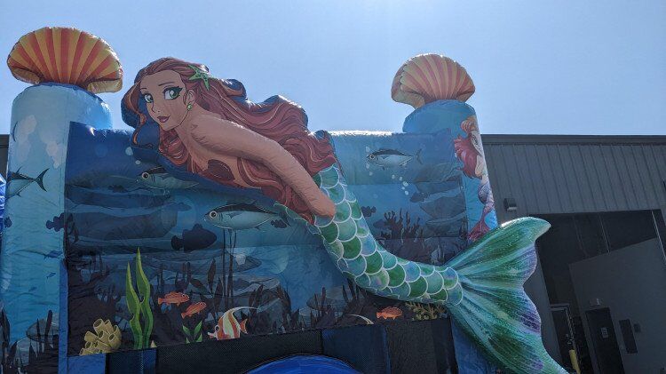 Close up View Mermaid Bounce House with Slide